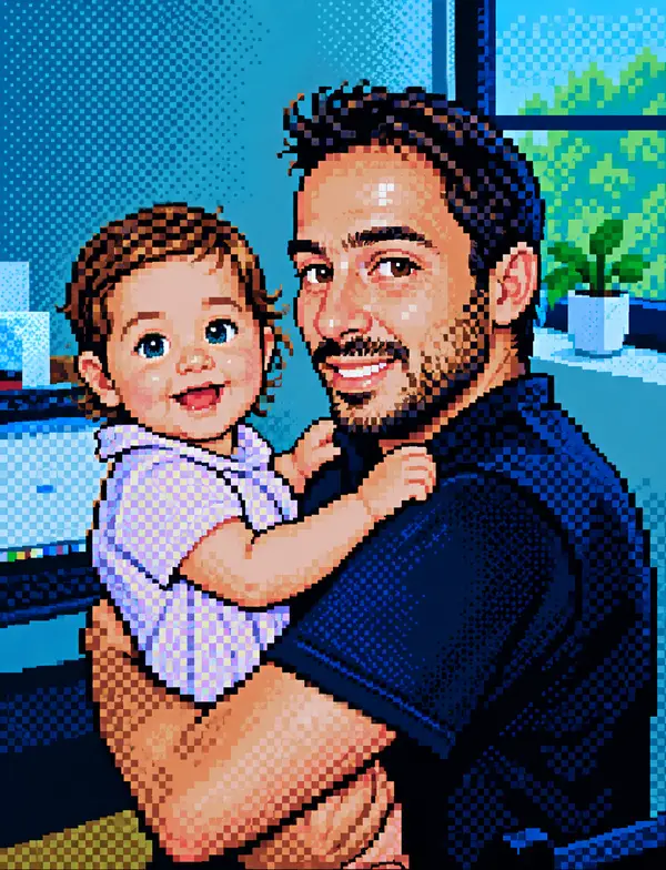 Pedro holding Aurora, in pixel art
